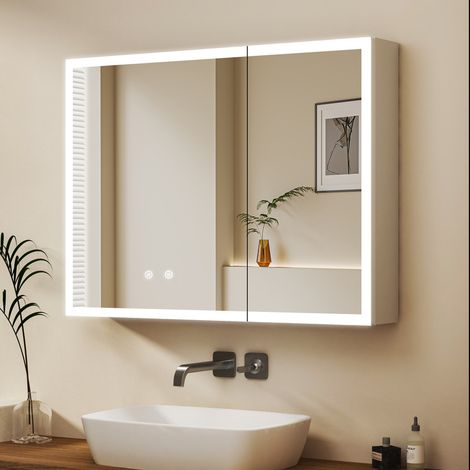 WDWRITTI 80x60 cm Weiß Spiegelschrank Bad mit Beleuchtung LED Spiegelschrank mit Beleuchtung Aluminium Badezimmerschrank mit Spiegel Hängeschränke Medizin Kabinett mit 3 Einstellbare Lichtfarben + Bes (1/5)