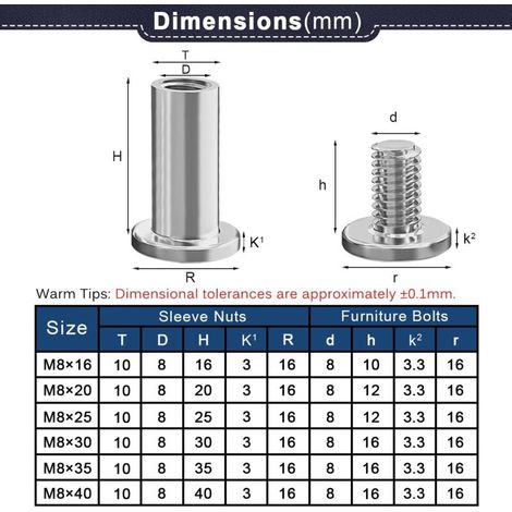 Lot de 10 vis de connexion M8 x 16 mm - En acier inoxydable A2 V2A - Écrou douille M8 - Pour meubles, armoires, planches en bois (10 vis de meubles, 10 écrous douilles) (1/4)