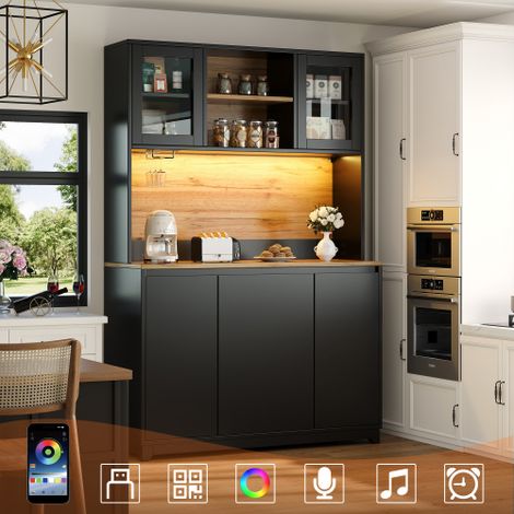 LUHOMFU – Meuble de cuisine haut avec éclairage LED connecté, portes en acrylique, rangements multiples, porte-verres suspendue et compartiment à déchets, buffet de cuisine multifonction, noir, 120 x (1/5)