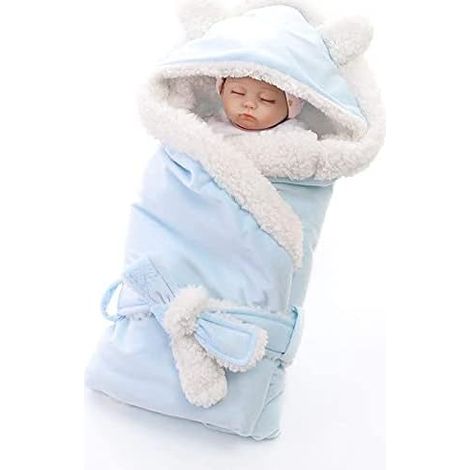 Couverture d'emmaillotage d'hiver pour bébé, gigoteuse en peluche, couverture d'emmaillotage pour nouveau-né, gigoteuse douce et chaude, bleue pour poussette (1/5)