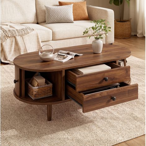 Table basse ovale avec rangements MDF noyer OKMYHOME