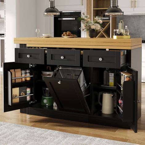 Table de bar extensible avec rangement,tiroir,plateau à snacks et emplacement poubelle,design compact petit appartement cuisine,noir. (1/5)