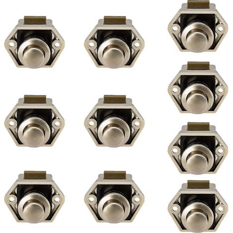 Lot de 10 mini verrous de porte de tiroir/placard à bouton-poussoir pour caravane, camping-car ou bateau, en nickel. (1/5)