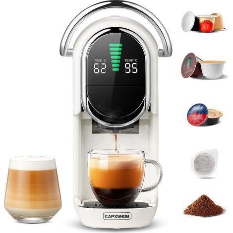 Machine à café Capsules pour Original, A Modo Mio, Dosettes ESE 44mm et Café Moulu, Température et Taille Tasse Réglable, 20Bar, Cafetière Chaud ou Froid (Blanc) (1/5)