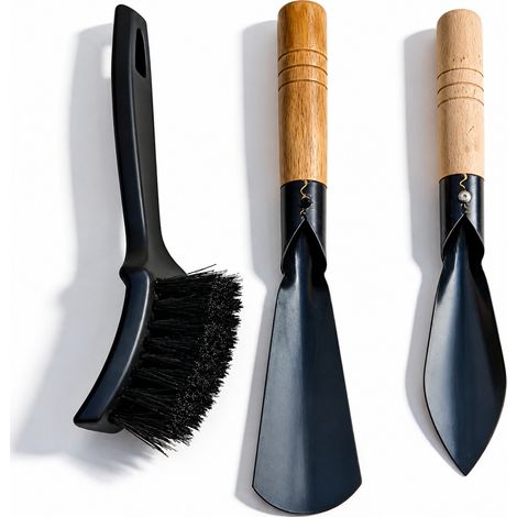 Ensemble de 3 outils de jardin à manches en bois : pelle, grattoir, brosse (1/5)