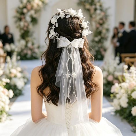 Couronne de fleurs avec nœud en voile - Pour décoration de fête de mariage (style 5) (1/5)