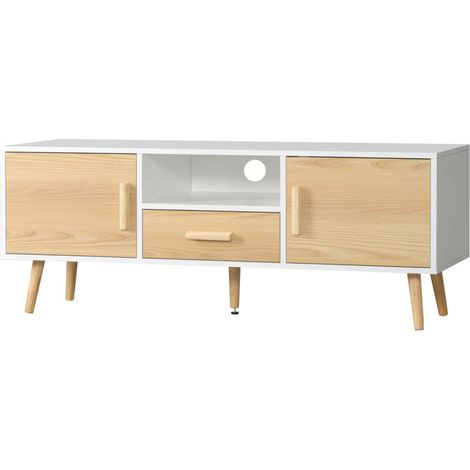 Meuble TV Meuble TV banc TV support TV pour télévision jusqu'à 46 pouces style scandinave avec 1 tiroir, 2 placards, 1 niche, 1 passe-câbles - 120 x 37 x 45,5 cm (1/5)