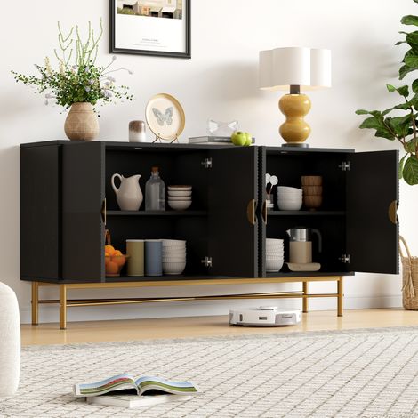 Buffet en MDF et panneaux de particules noir 160 x 40 x 82 cm, 4 portes, charnières à fermeture amortie (1/5)