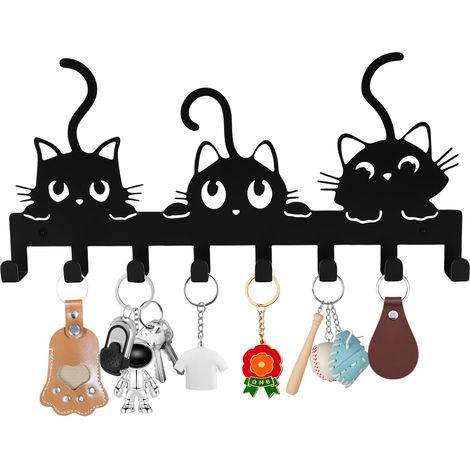 Porte clef mural, Accroche clef mural, Porte-clés mural multifonctionnel noir, Porte clés mural en métal, Avec 8 crochets à clés,Convient aux chambres, entrées, garages (3 Chats) (1/5)