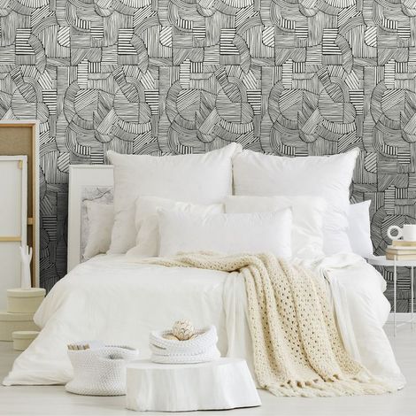 Papier Peint Intissé - Motif Geometrique - Noir Blanc - 1005 cm x 52 cm - Autoadhesif Mur - 1 Rouleau (1/4)