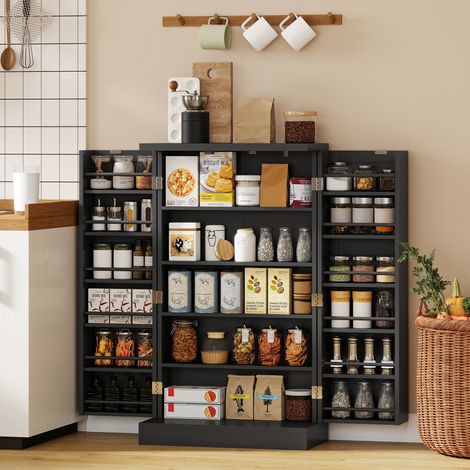 Mobile da cucina, credenza da cucina, con 2 ante, 12 ripiani, 5 scomparti e ripiani regolabili, nero (1/5)
