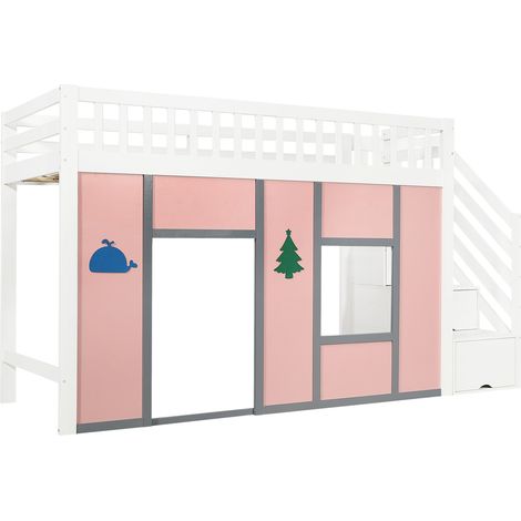 Letto a soppalco per bambini 90 x 200 cm bianco e rosa con scala contenitore, LED e protezioni (1/5)