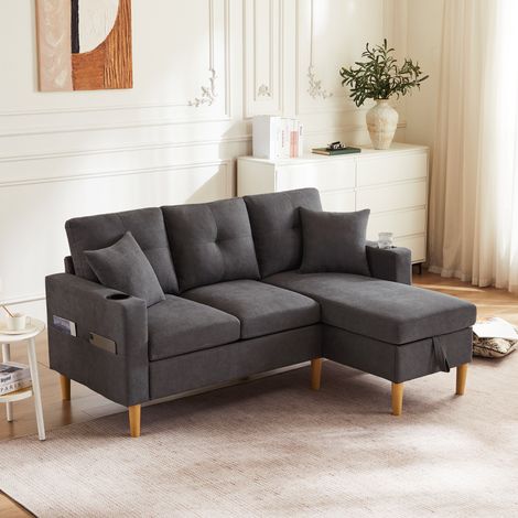 Divano angolare L 175/129/90 cm in grigio scuro, con chaise longue reversibile, contenitore e portabicchieri (1/5)