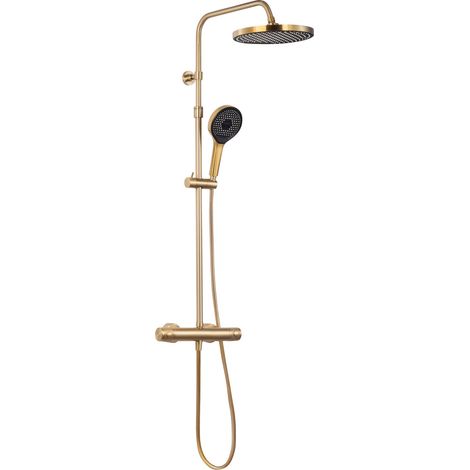 Collection  Colonne de douche, mitigeur thermostatique, robinetterie avec douche de tête effet pluie, douchette 3 jets, or mat, GLAIA
