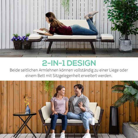 Canapé d'extérieur en résine tressée, 2 places, assise lounge, banc pliable pour terrasse, accoudoirs métal, marron, 129x63x67 cm (1/4)