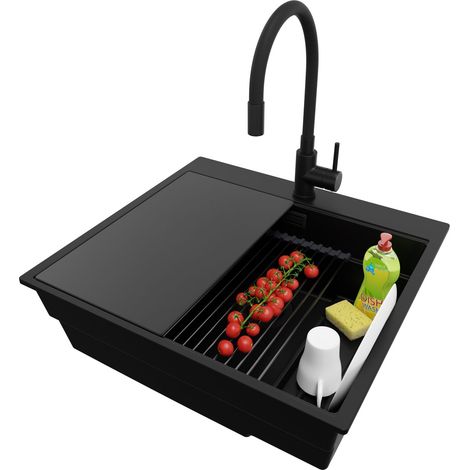 PRIMAGRAN Evier Cuisine en Granit 58x53cm,Lavabo 1 bac + Robinet 40x38cm + Kit de Vidage + Accessoires, Évier à Encastrer au meuble 60cm - Oslo Max, Tout Noir (1/5)