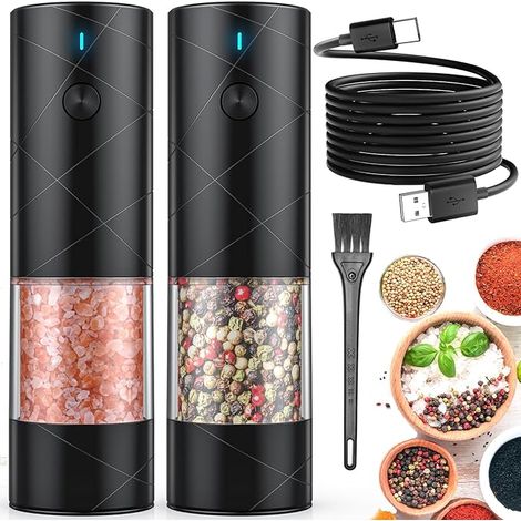 Ensemble de 2 moulins à sel et poivre électriques rechargeables par USB avec lumière LED chaude, mouture réglable, grande capacité, pour la cuisine, le restaurant et les activités de plein air, noir. (1/5)