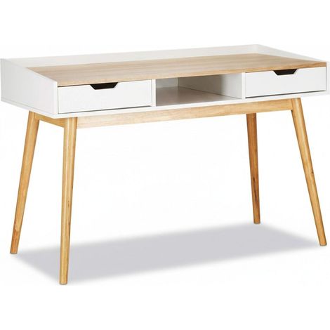 Bureau scandinave avec 2 tiroirs 120 x 55 x 76 cm design épuré fonctionnel en bois blanc (1/3)