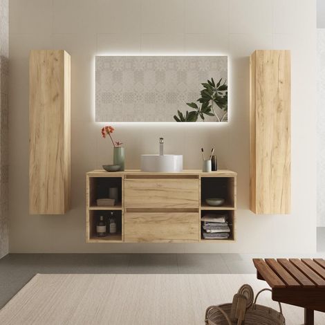 Meuble de salle de bain BEQUIA Plus 120cm Chêne Vasque à poser Porcelaine Centrale (1/5)