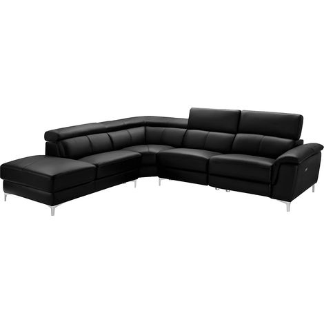 Vente-Unique – Canapé d'angle relax électrique en cuir noir – 5 places – Angle gauche – Têtières multiposition – Mécanisme relax intégré (1/5)