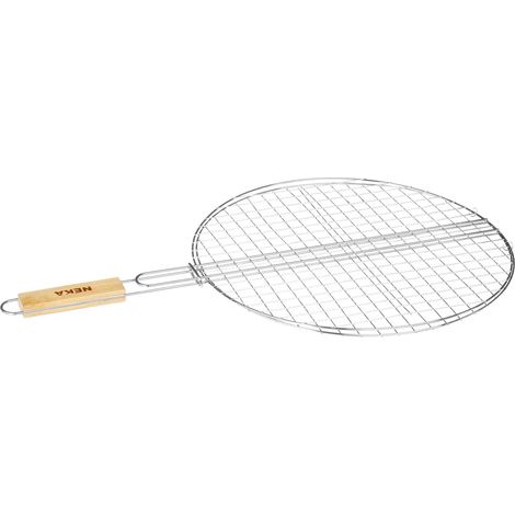 Grille de barbecue ronde en acier chromé – Diam. 40 cm – Manche en bois L. 2 x l. 10 cm – Poids 2 kg – Neka