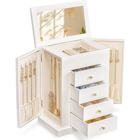 Boîte à Bijoux Femmes, Grande Boîte à Bijoux Rustique en Cuir avec Miroir, Boîte de Rangement à Bijoux à 5 Couches pour Bagues, Boucles d'oreilles, Colliers, Bracelets (Blanc) (1/5)