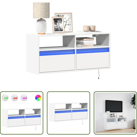 Armoire TV murale - Meuble TV mural avec lumières LED blanc 100x31x45 cm (1/5)