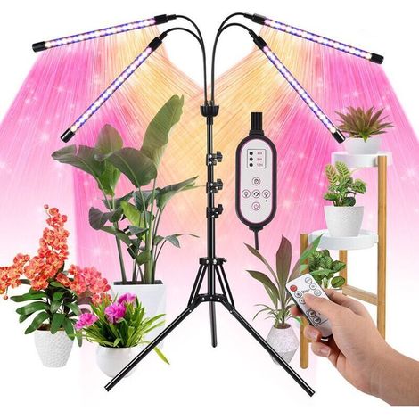 Lntyq Lampe de croissance pour plantes, lampe de croissance avec trépied, 80 LED, lampe de croissance horticole à 4 têtes, spectre complet, avec 10 niveaux de gradation, 3 modes de minuterie