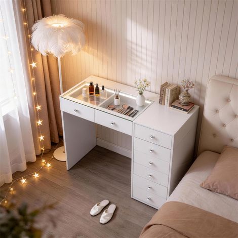 FENCHILIN Coiffeuse LED Éclairage 8 Tiroirs Blanc 120 x 55 x 81 cm