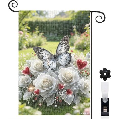 Drapeau de jardin 30 x 45 cm motif papillon et fleurs style romantique toile double face extérieur (1/5)