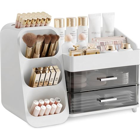 1 - Organisateur De Maquillage - Boîte De Rangement - 3 Compartiments Et 2 Tiroirs - Pour Cosmétiques Et Soins De La Peau - Blanc - 25x15x20cm (1/5)