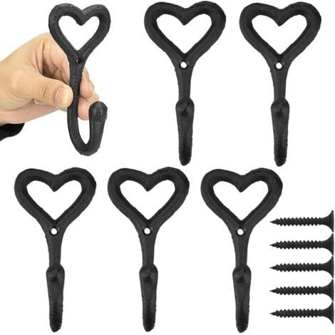 Ganchos de pared de metal, 11,5 cm x 5,5 cm x 4 cm, estilo vintage, con forma de corazón, resistentes al óxido y con tornillos para baño, cocina, dormitorio y entrada, color negro, paquete de 6 (1/5)