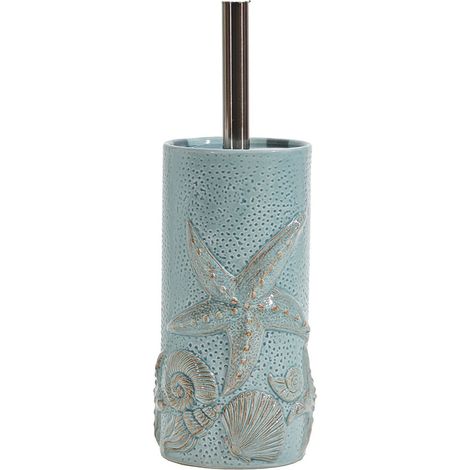 Porta Scopino WC da bagno in Ceramica CELESTE con Decori Marini a Rilievo Conchiglie e Stelle Marine Design Elegante Accessorio Bagno Completo di spazzolone