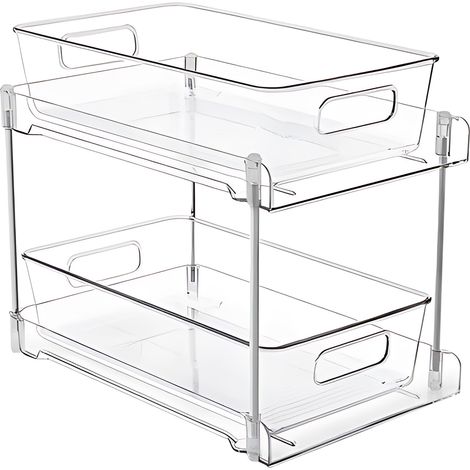 Lot de 2 tiroirs coulissants transparents à double niveau pour évier, avec plateau, égouttoir, porte-épices, poignée et pieds antidérapants. Organiseur de rangement multifonctionnel à double niveau av (1/4)