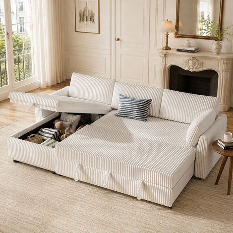 Canapé lit convertible avec coffre de rangement, canapé d'angle  beige extensible en forme de L (4 places) avec méridienne, idéal pour salon et appartement (1/5)