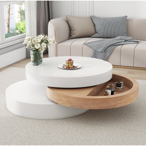 Mesa baja redonda giratoria, extensión hasta 88 cm, blanca y madera natural, rotación 360°, 3 niveles y almacenaje oculto (1/5)