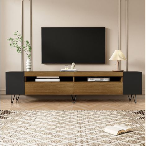 Meuble TV 180x36x43 cm noir et bois en MDF et panneaux de particules avec rangements ouverts (1/5)