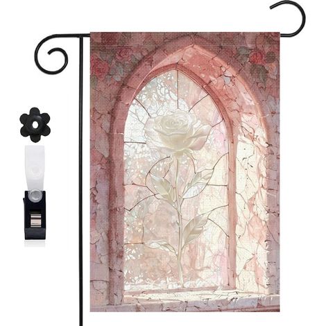 Drapeau vertical rose grimpante et vitrail gothique 30 x 45 cm décoration jardin d'été (1/5)