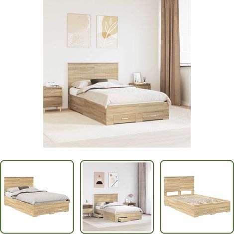 vidaXL Stauraum - Bettrahmen mit Kopfteil Sonoma-Eiche 120 x 200 cm Holzwerkstoff (1/5)