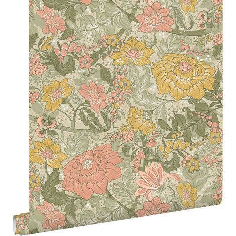 papier peint fleurs vintage vert grisé, rose et jaune ocre - ESTAhome