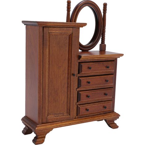 Coiffeuse miniature en bois à l'échelle 1:12 pour maison de poupée, avec miroir, porte ouvrante et 4 tiroirs. (1/5)