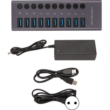 Hub USB 3.0 10 Ports avec Alimentation Indépendante, Charge Rapide et Transfert de Données, Prises EU 100‑240V