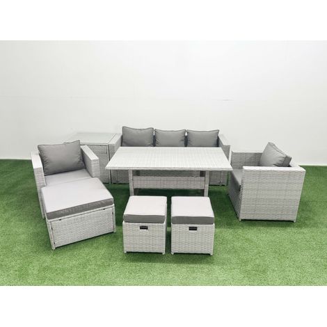 Fimous Gartenmöbel-Set aus Rattan mit Sofa Esstisch 2 Sesseln 3 Fußhockern Beistelltisch Hellgrau gemischt (1/4)