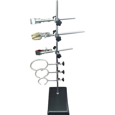 Support de laboratoire, hauteur 60 cm, matériau en fer, base 14 cm x 21 cm, 3 pinces à flacons, 3 pinces à anneaux (1/5)