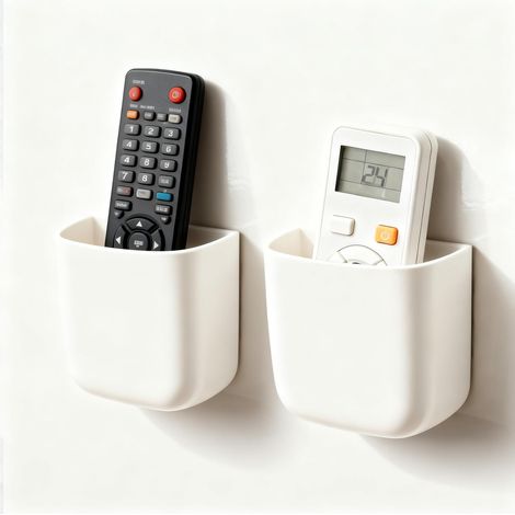 Porte Télécommande Mural Petit, 2 Pièces Support Télécommande Auto-adhésif, Range Telecommande Multifonction, Boîte de Rangement pour Telecommande TV et Chargeur de Téléphone, Blanc