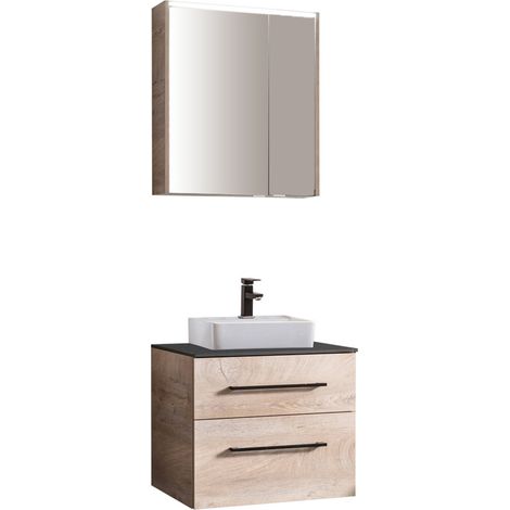 Fackelmann OXFORD Badmöbel Set 4 Teile / Keramik Waschbecken / Waschbeckenunterschrank mit 2 Schubladen / LED-Spiegelschrank / Waschtischplatte Schwarz / Korpus & Front: Braun hell / Breite ca. 60 cm" (1/5)