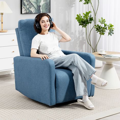 Fauteuil relax avec inclinaison manuelle à 135°. Pivotant à 360° avec fonction berçante. Bleu.