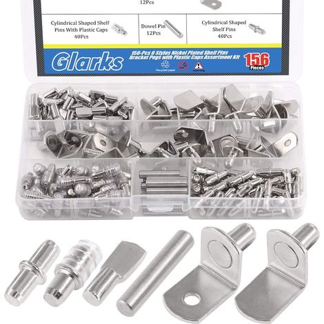 Kit de 156 pièces de 6 styles d'étagère, chevilles de support d'étagère en nickel, broches d'étagère en PVC, supports cylindriques, supports en forme de L et chevilles pour armoires (1/5)