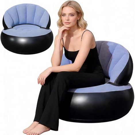 Divano gonfiabile, poltrona a cuscino d'aria 2 in 1 con pompa, superficie floccata impermeabile, azzurro. (1/4)