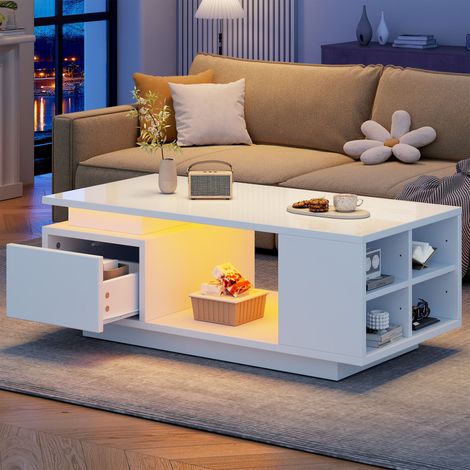 Table Basse Blanche Brillante 100x50x36cm Table de Salon Moderne avec Éclairage LED, Tiroir de Rangement et 4 Compartiments Latéraux